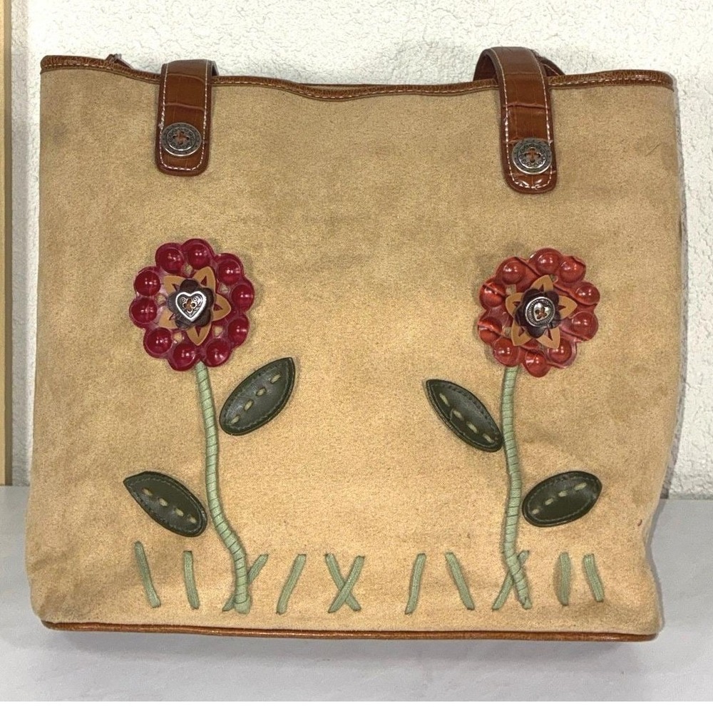 Tan Floral Applique Tote Bag Womens Medium Good Faux Suede Boho Cottagecore